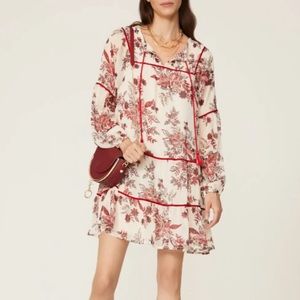Great Jones Shirred Long Sleeve Floral Dress Off White Red Women's Size M